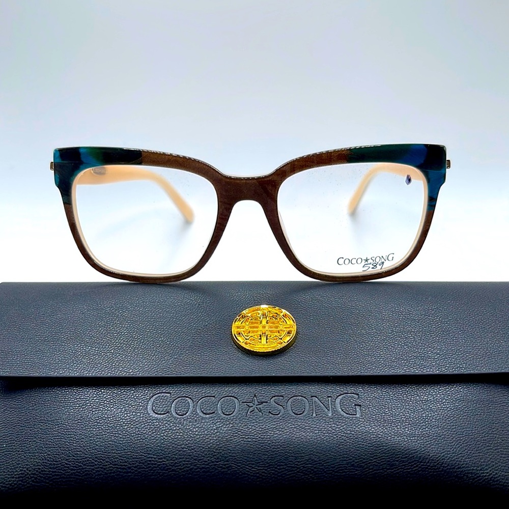 NWOT. Coco Song women’s Optical frames. Blue and black feathers and brown silk